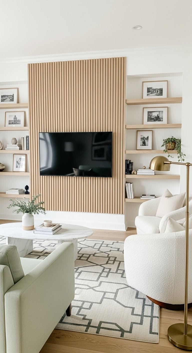 Mur TV en tasseaux de bois encadré par deux bibliothèques blanches