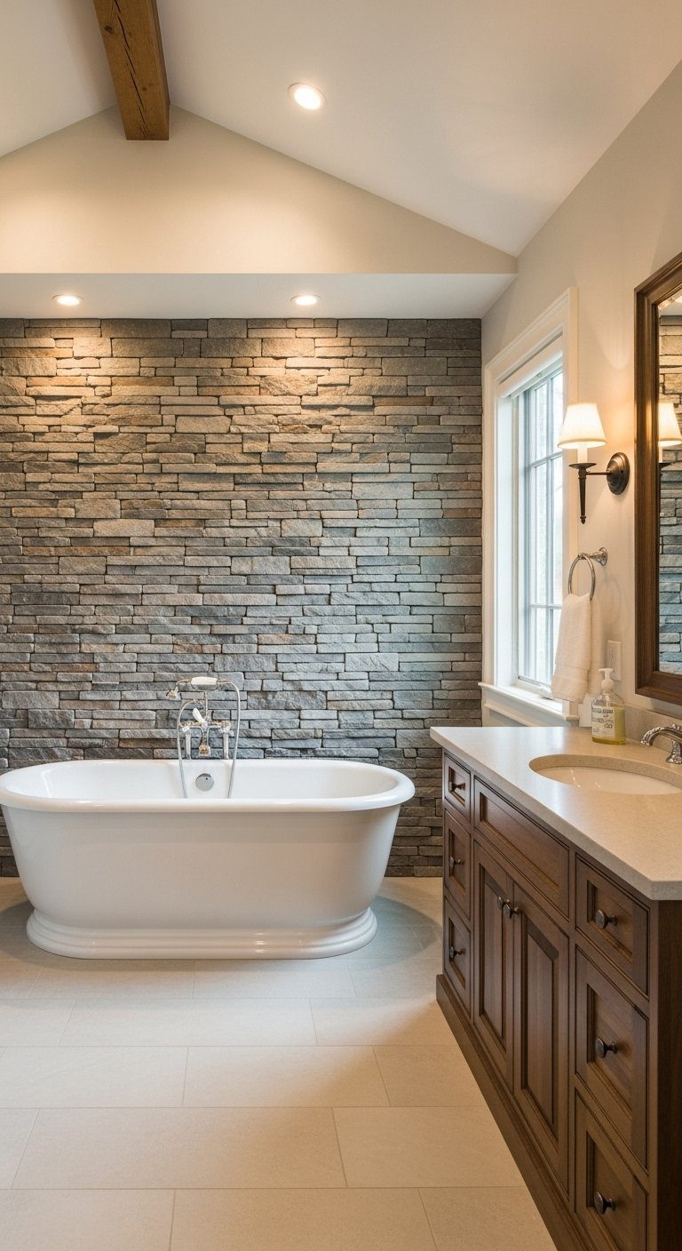 Mur d accent en parement de pierre derriere une baignoire blanche et un meuble en bois fonce
