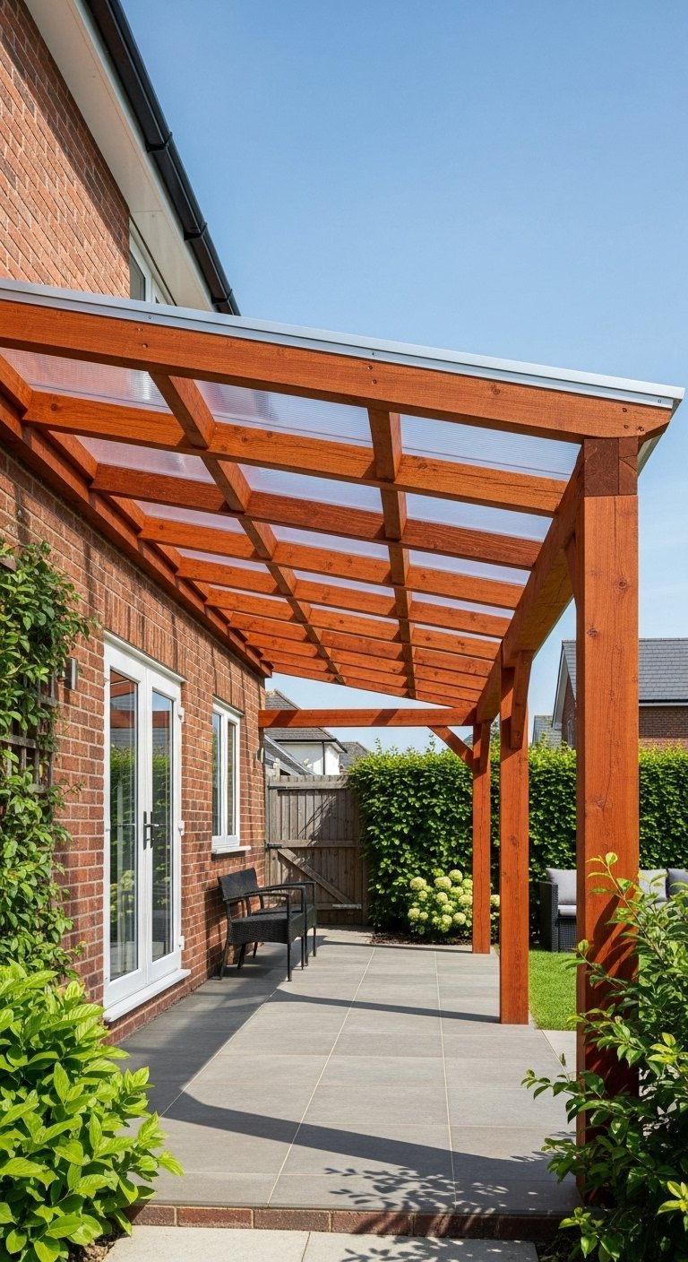 Pergola adossée simple en bois avec un toit transparent contre un mur en briques