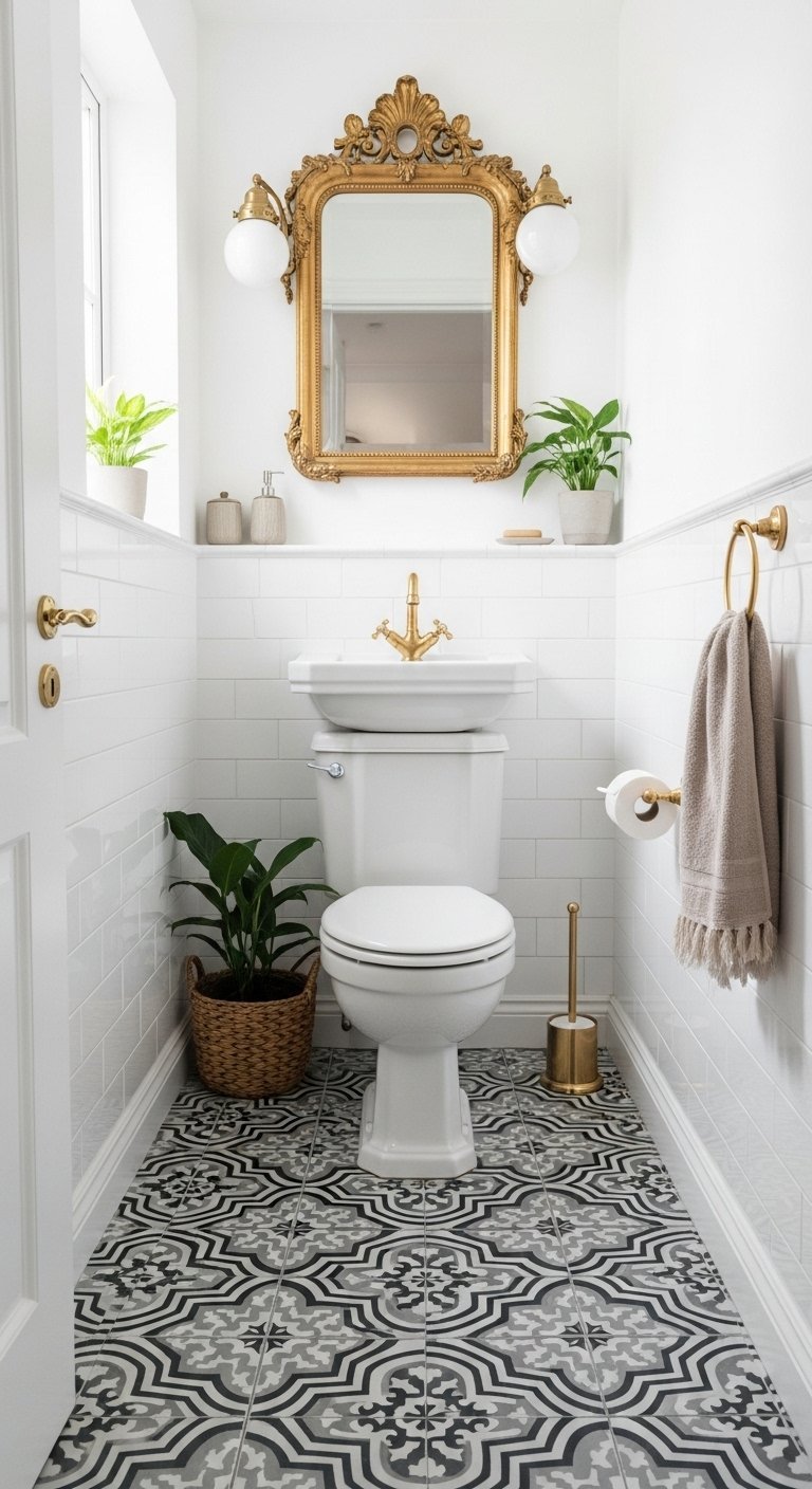 Petit WC avec carrelage de sol graphique et details dores