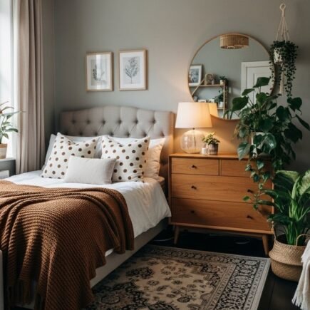 Petite chambre parentale bohème avec murs verts et commode en bois