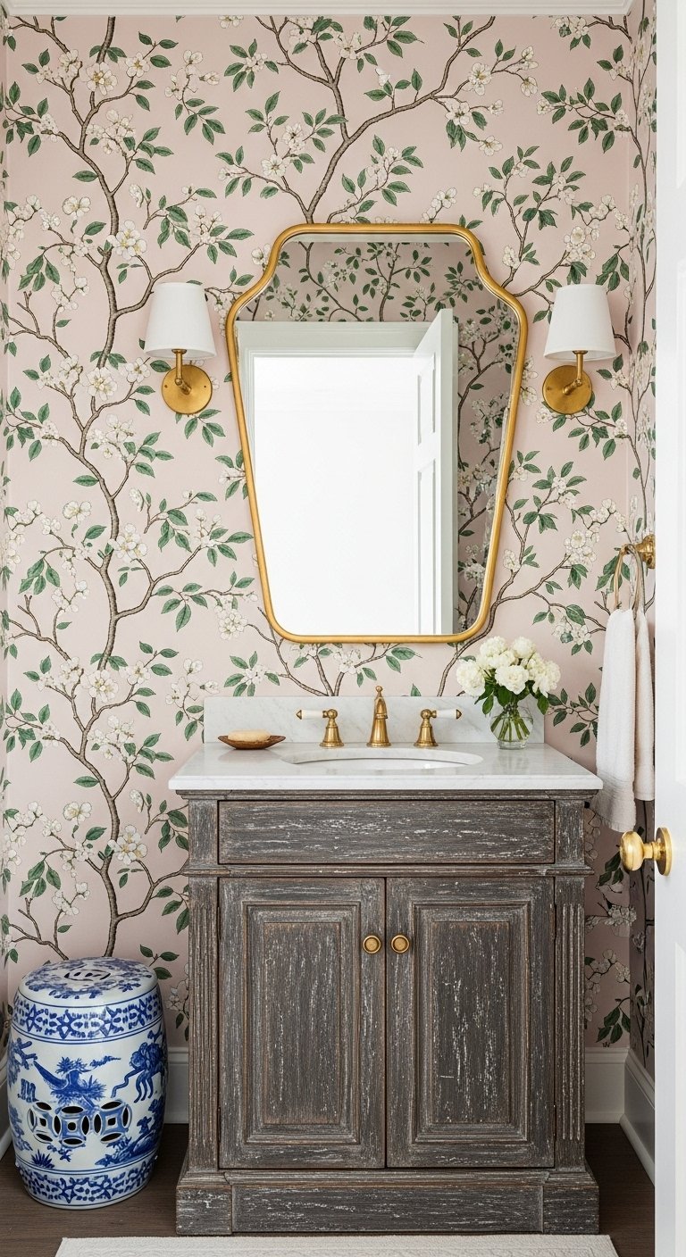 Petite salle d eau avec un papier peint a motif de fleurs de cerisier roses