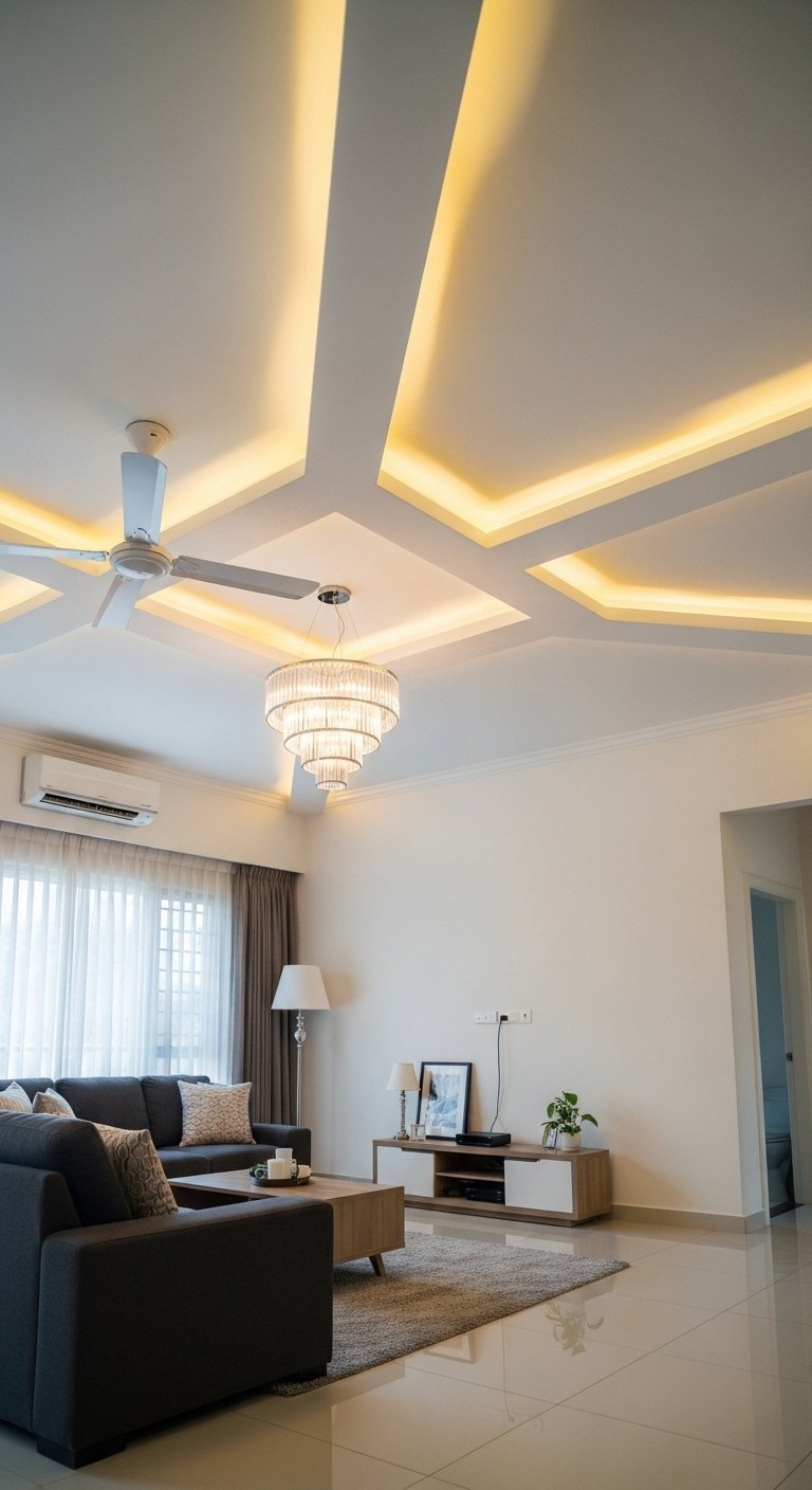 Plafond blanc avec des lignes lumineuses LED disposées de manière asymétrique