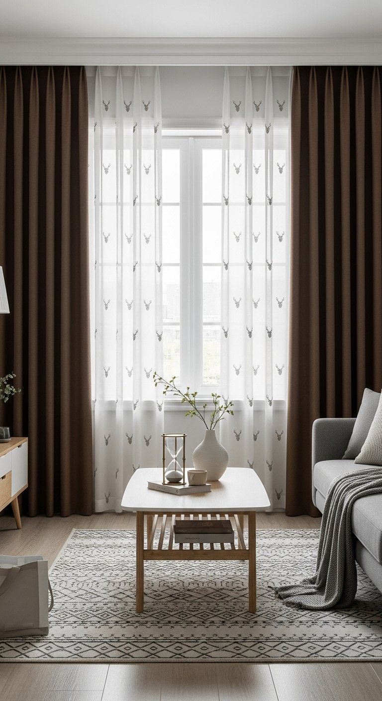 Rideaux marron foncé et voilage blanc avec des motifs de têtes de cerf