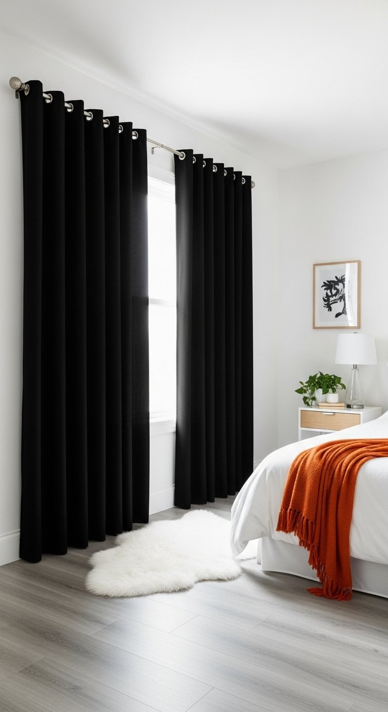 Rideaux noirs occultants a oeillets dans une chambre minimaliste