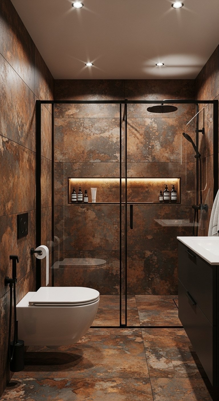 Salle de bain avec carrelage effet métal rouillé et douche à cadre noir