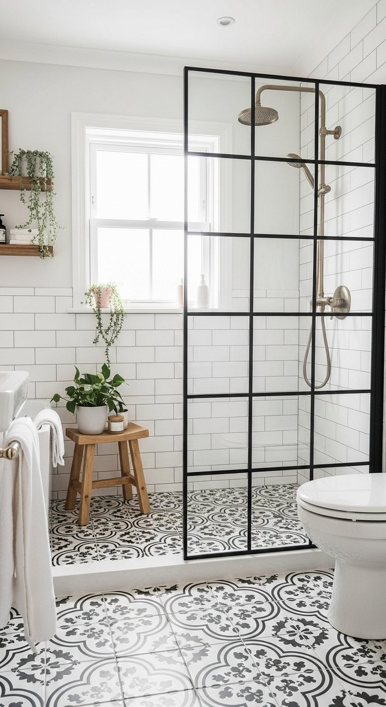 Salle de bain avec paroi de douche verriere et sol motifs ciment