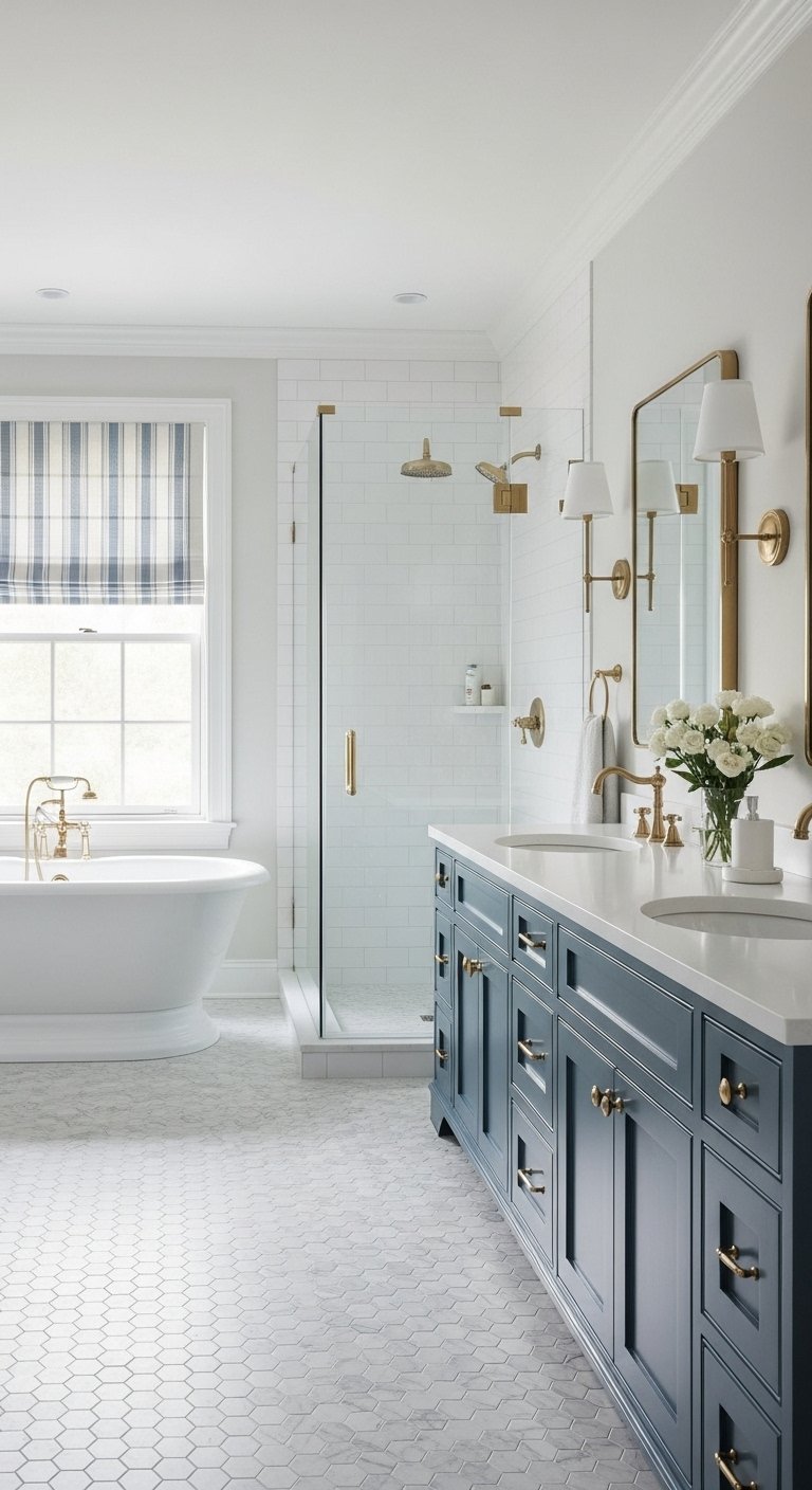 Salle de bain élégante avec meuble bleu marine et sol hexagonal blanc