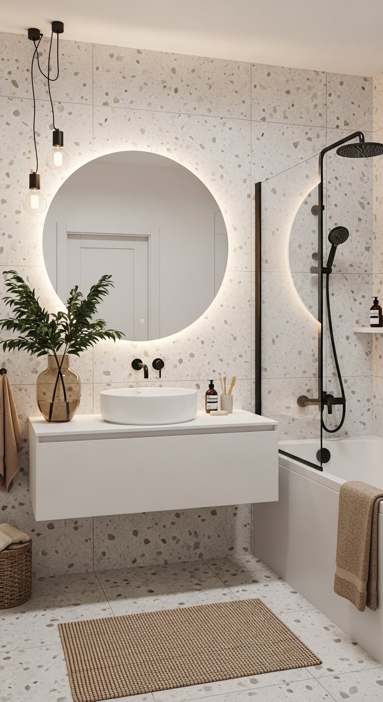 Salle de bain moderne avec carrelage terrazzo et miroir rond rétroéclairé