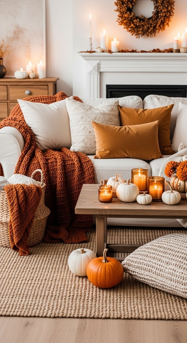 Salon cocooning aux couleurs d automne avec plaids orange et citrouilles