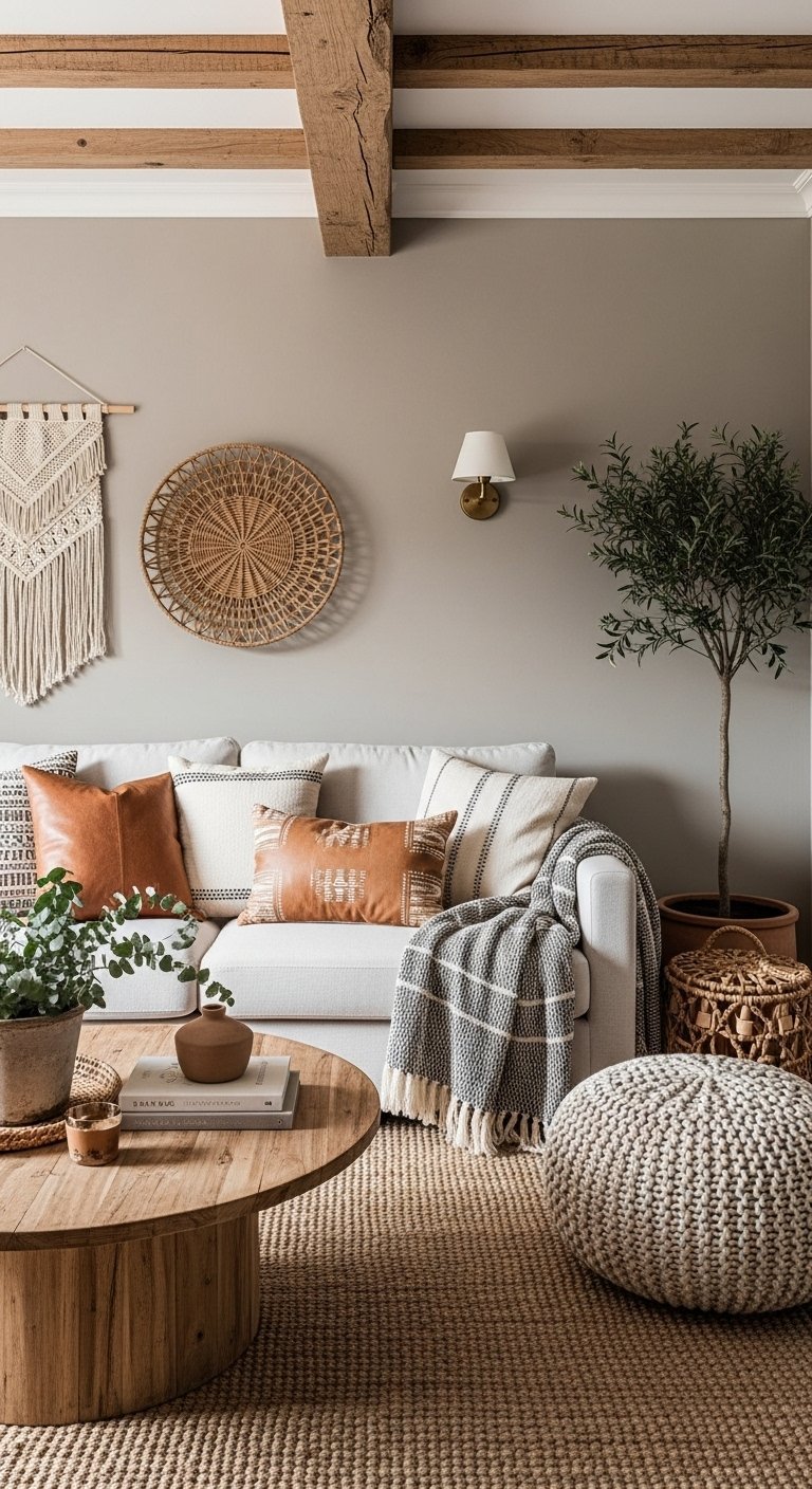 Salon cocooning avec des murs peints en greige et des textures naturelles