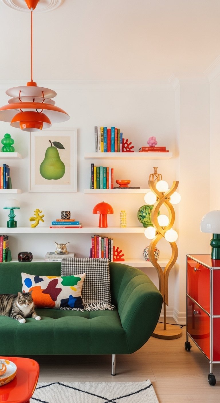 Salon éclectique avec un canapé en velours vert, des étagères blanches et des objets d art colorés.