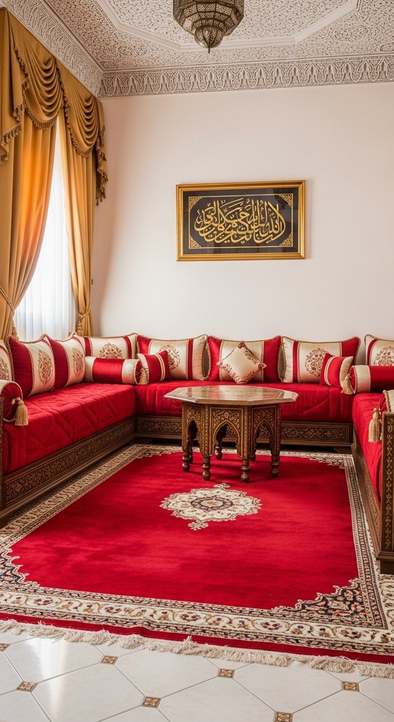 Salon marocain traditionnel avec sedari rouge brodé et grand tapis rouge