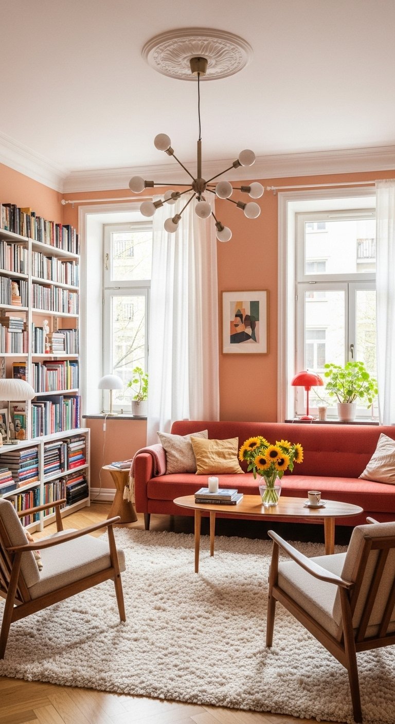 Salon mid century avec murs peche canape terracotta et grande bibliotheque