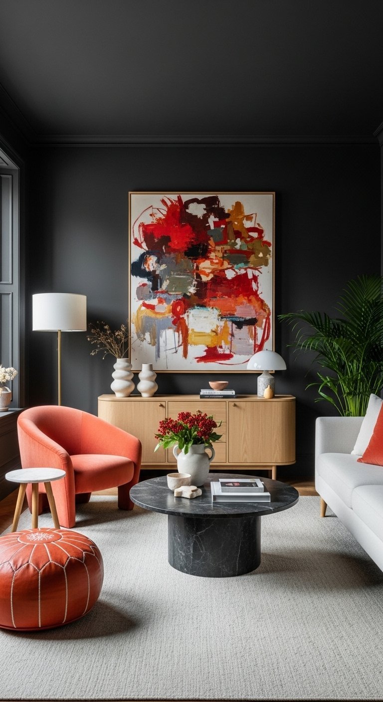 Salon moderne avec mur gris anthracite et fauteuil corail