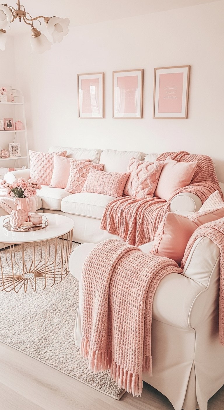 Salon monochrome rose avec canape blanc et plaids en tricot rose