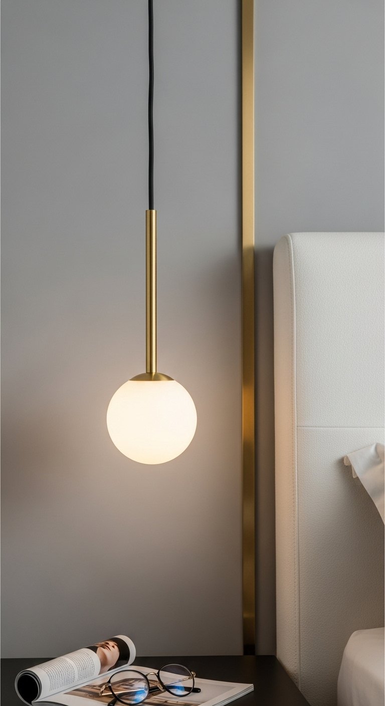 Suspension luminaire minimaliste dorée utilisée comme lampe de chevet