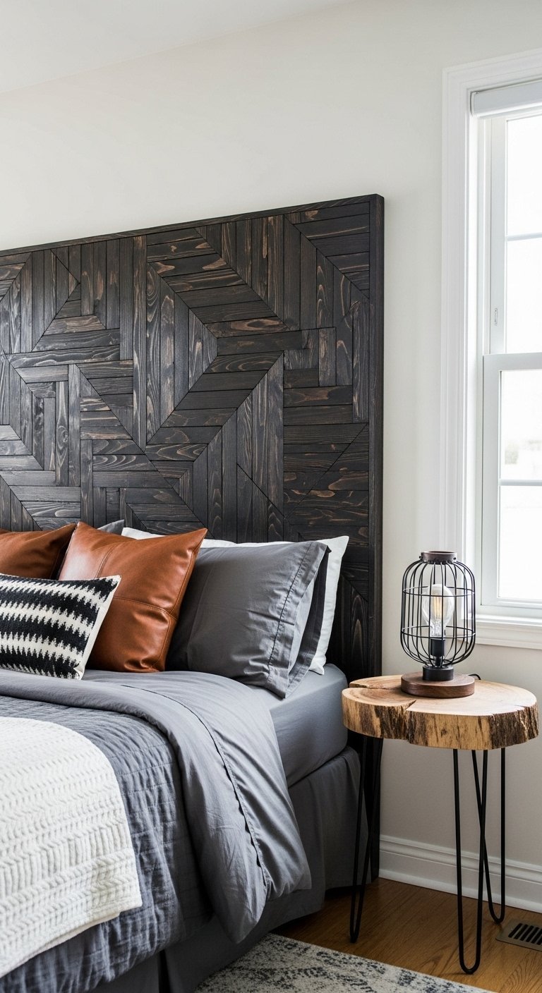 Tete de lit en bois fonce avec un motif geometrique en relief