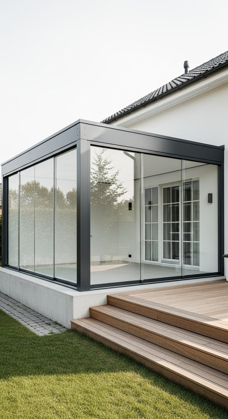 Véranda minimaliste avec base en béton et marches en bois menant au jardin