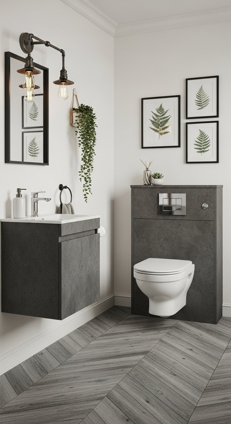 WC industriel minimaliste avec meuble gris effet béton et parquet à chevrons