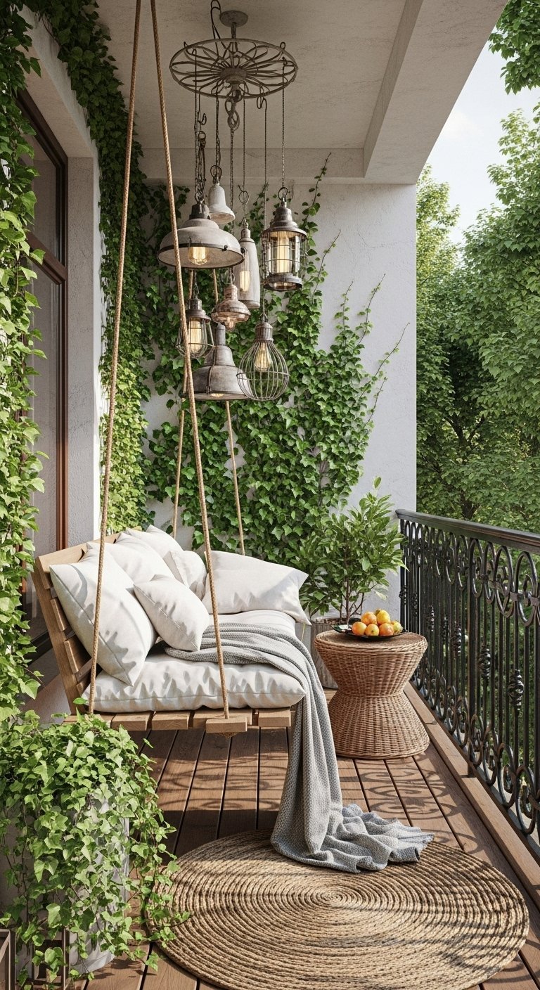 Balançoire en bois suspendue sur un balcon envahi par du lierre grimpant