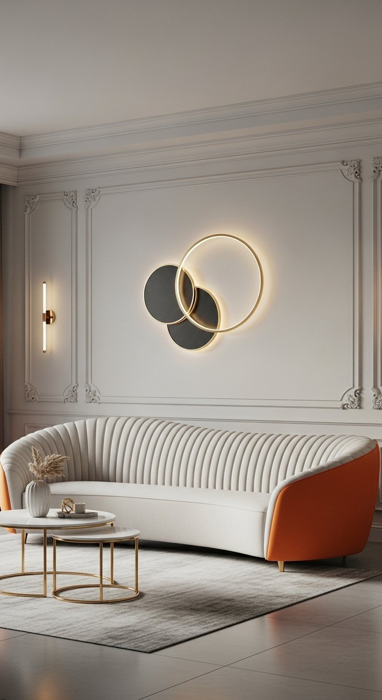 Canapé design incurvé bicolore crème et orange avec un éclairage mural moderne