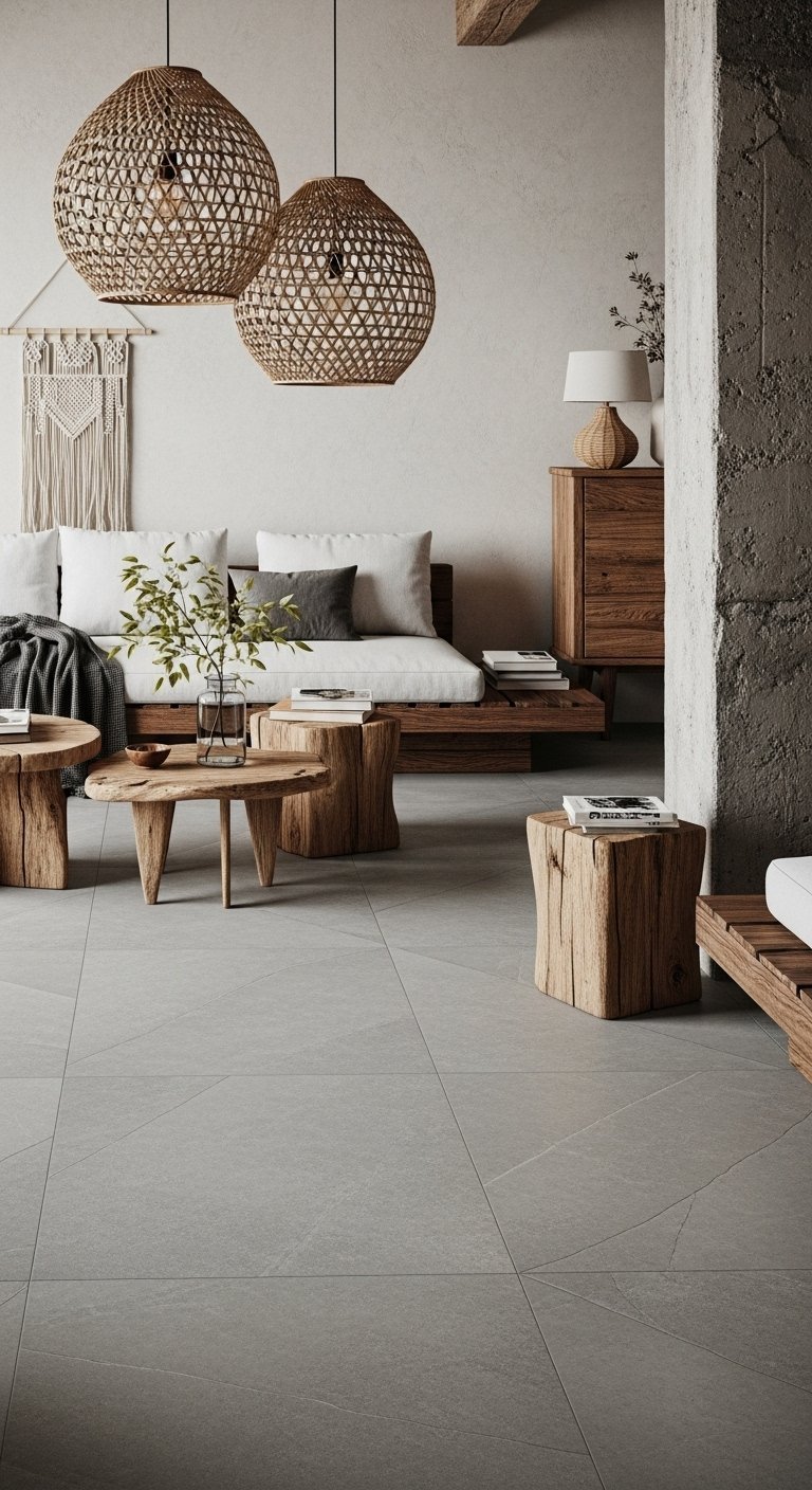 Carrelage gris mat effet béton ciré dans un salon rustique Wabi Sabi