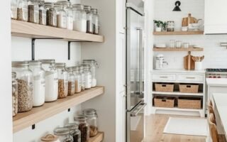 Cellier de cuisine bien organisé avec des étagères en bois et des bocaux en verre.