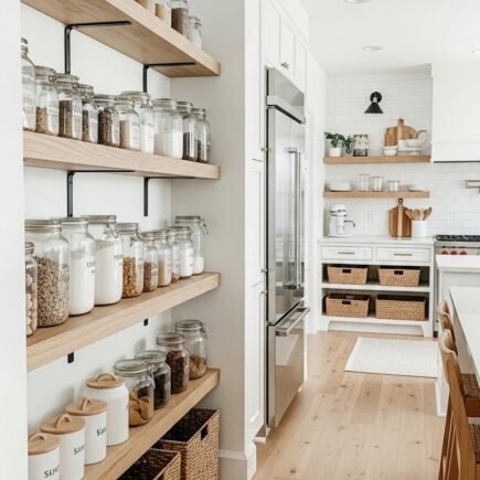 Cellier de cuisine bien organisé avec des étagères en bois et des bocaux en verre.