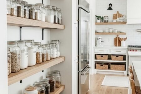 Cellier de cuisine bien organisé avec des étagères en bois et des bocaux en verre.
