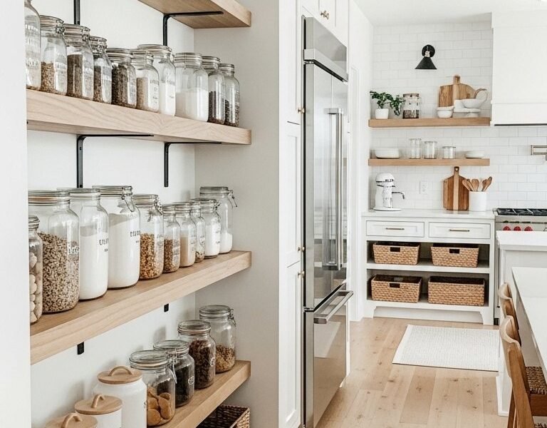Cellier de cuisine bien organisé avec des étagères en bois et des bocaux en verre.