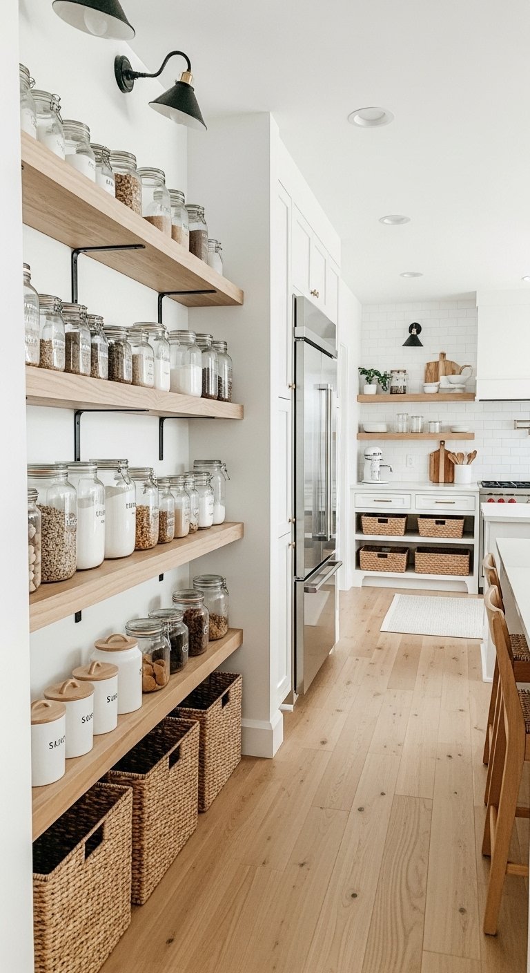 Cellier de cuisine bien organisé avec des étagères en bois et des bocaux en verre.