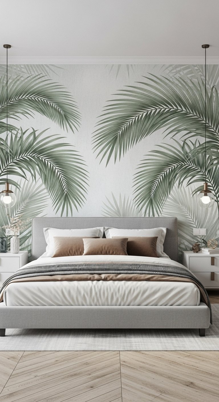Chambre avec un grand papier peint panoramique a feuilles de palmier vertes derriere le lit