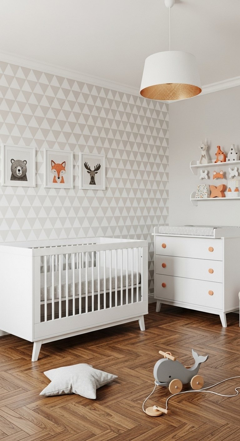 Chambre bebe scandinave blanche avec papier peint geometrique et cadres animaux
