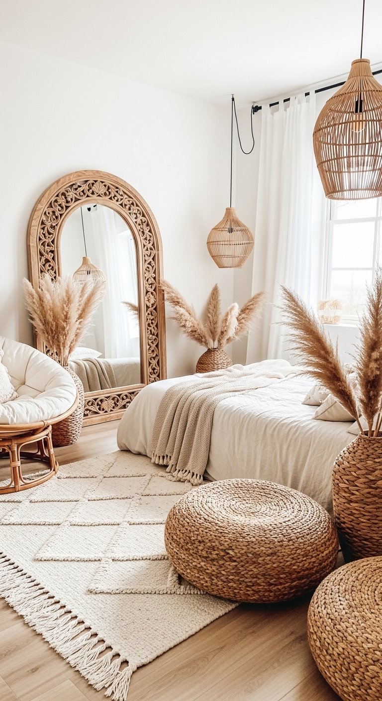 Chambre bohème chic avec grand miroir arche en bois et herbe de la pampa