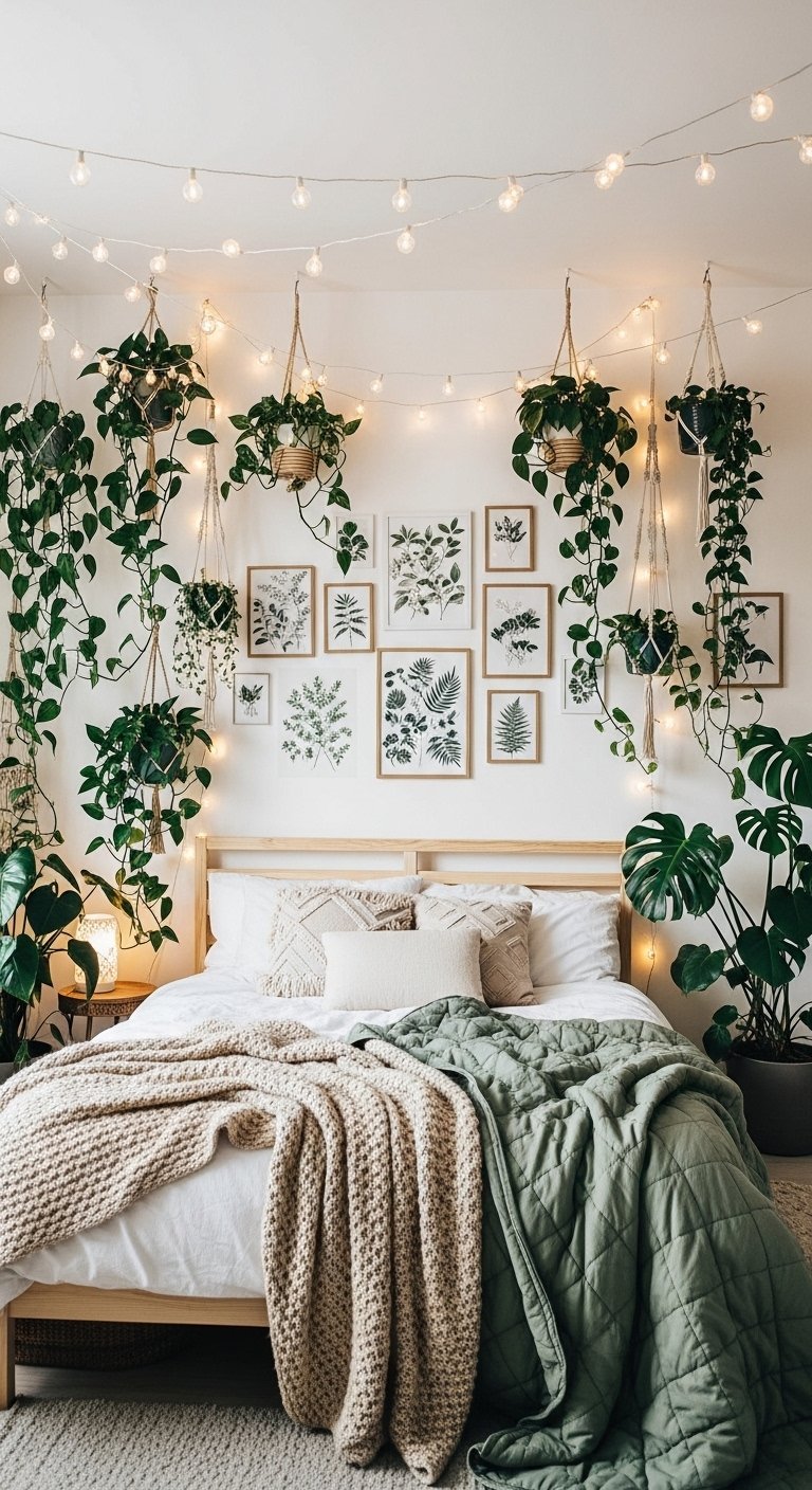 Chambre boheme lumineuse avec de nombreuses plantes suspendues et guirlandes