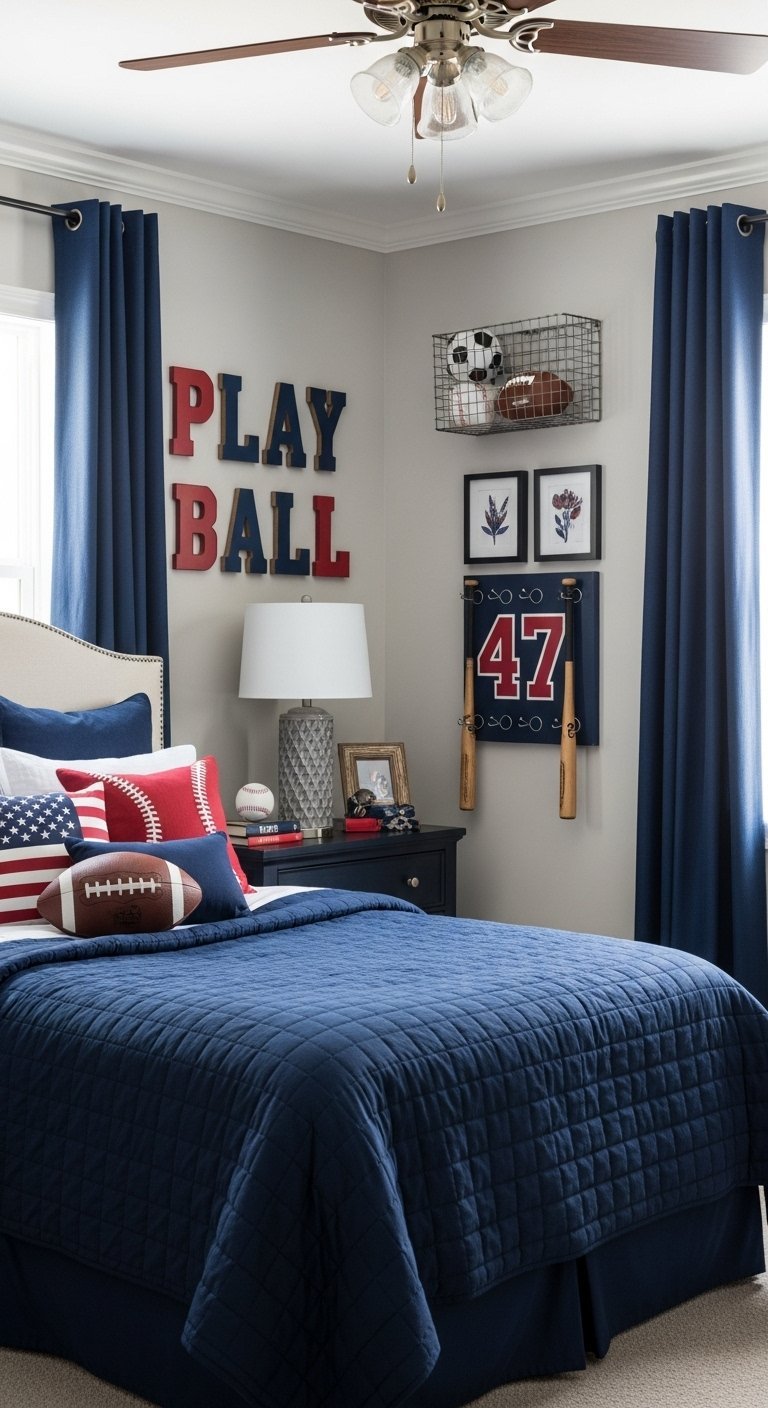 Chambre d ado sur le thème du sport américain avec une tête de lit et des rideaux bleu marine