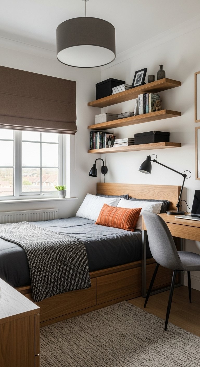 Chambre d adolescent avec lit en bois à tiroirs et étagères murales flottantes