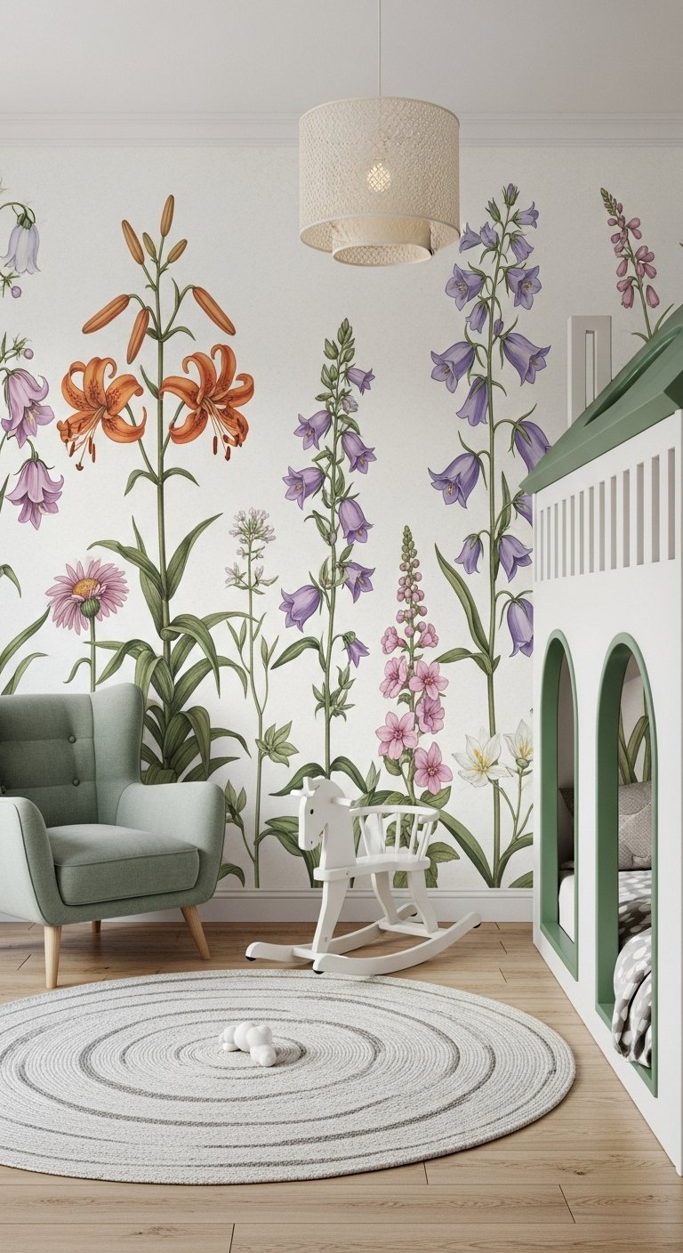 Chambre d enfant avec papier peint panoramique de fleurs de jardin botanique