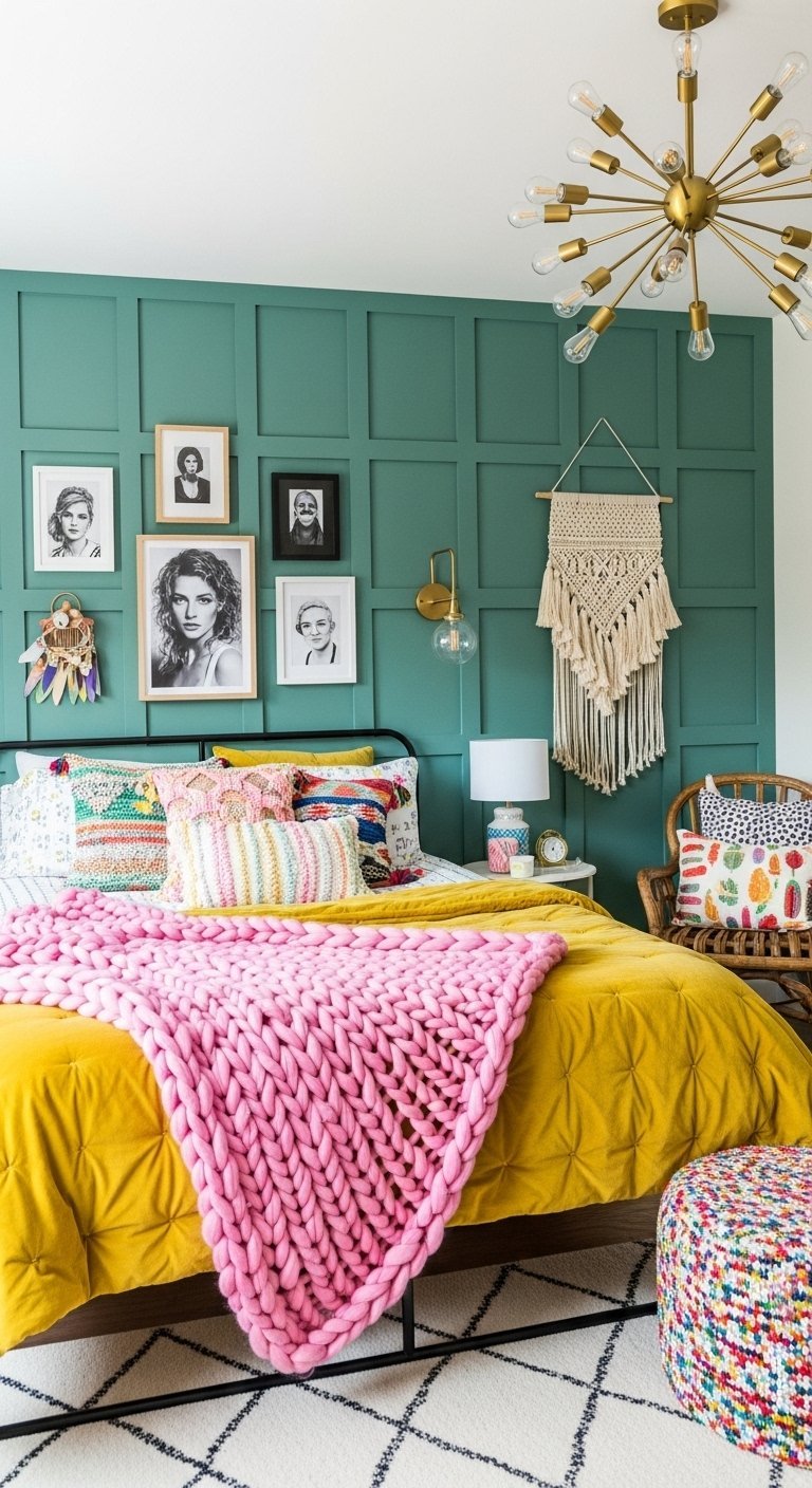 Chambre éclectique avec mur vert canard et couverture rose en grosse maille