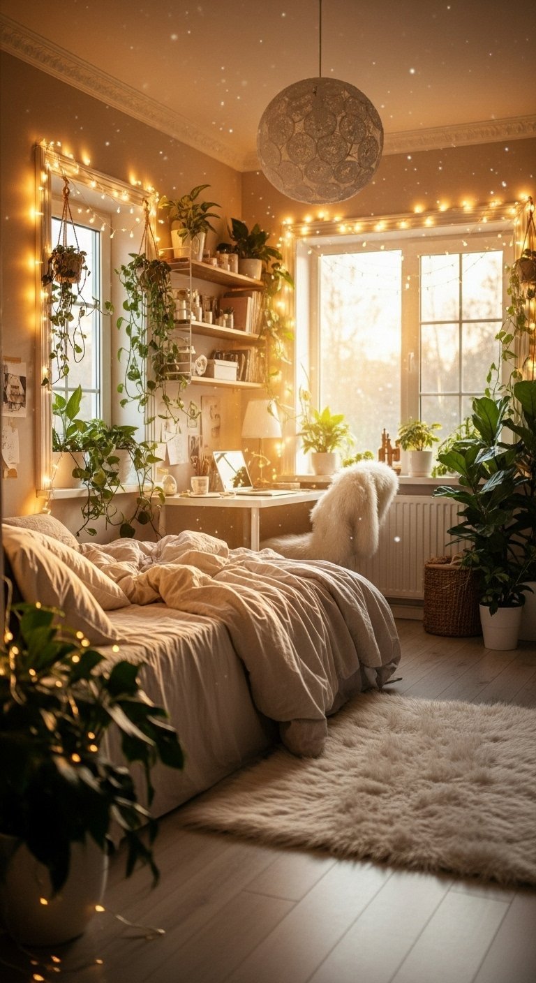 Chambre féerique remplie de plantes et de guirlandes lumineuses
