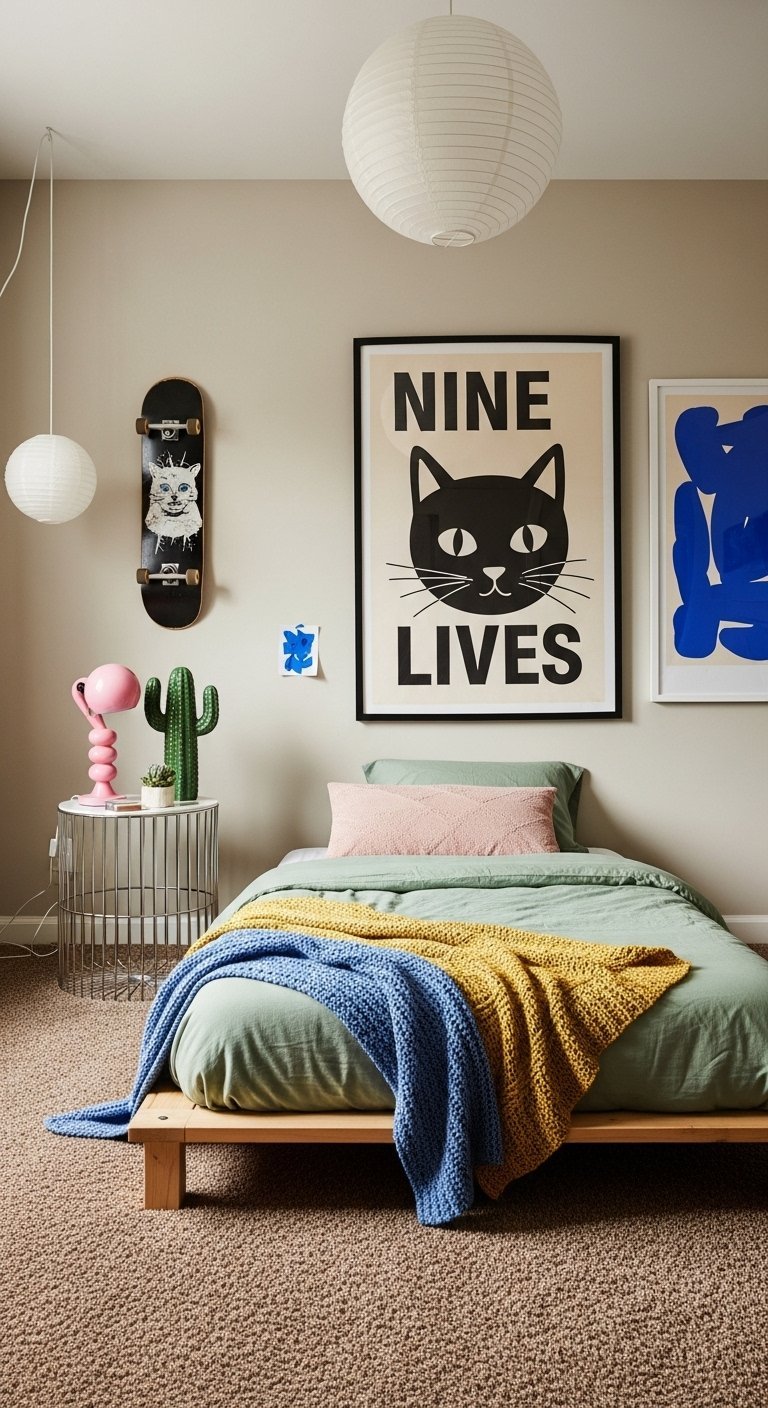 Chambre garcon moderne eclectique avec affiches graphiques et lit bas