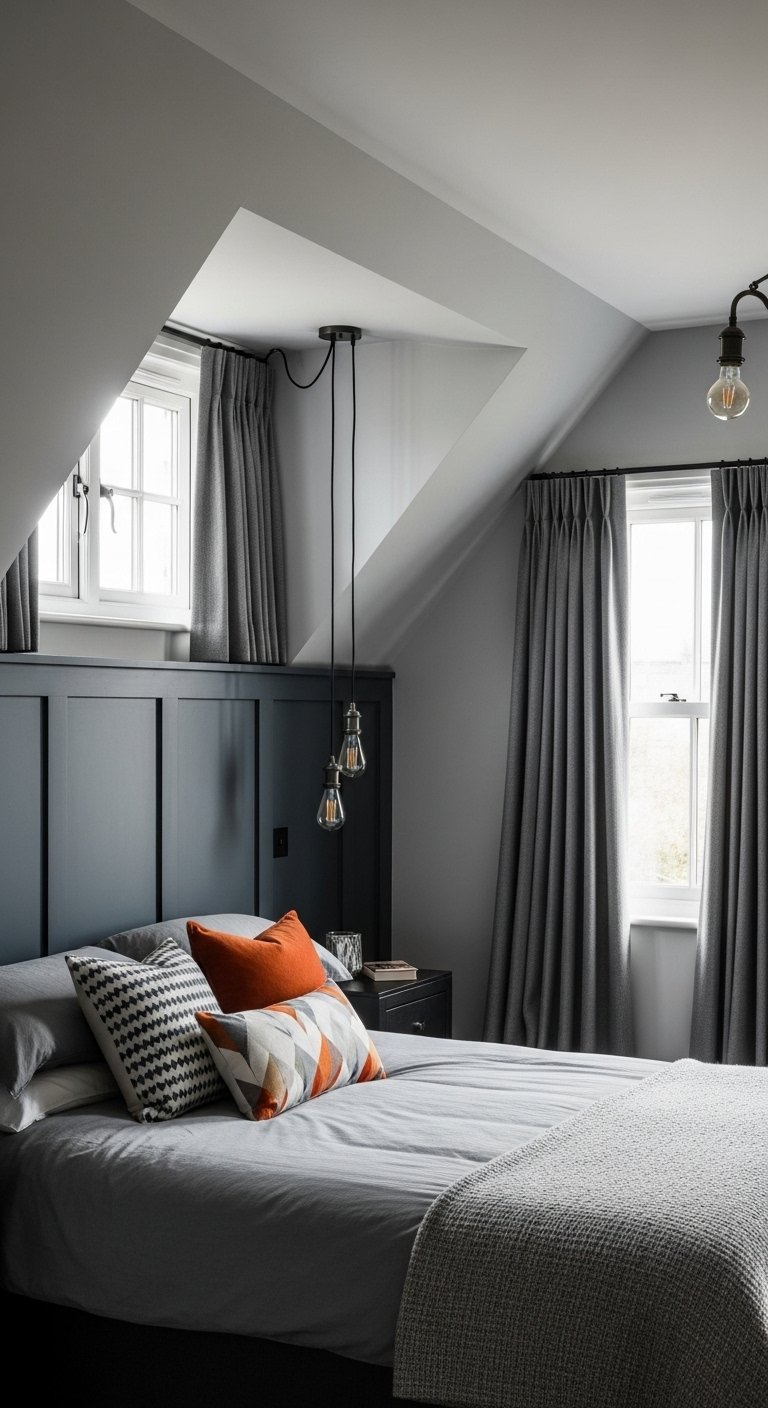 Chambre mansardee avec des rideaux gris courts sur chaque fenetre