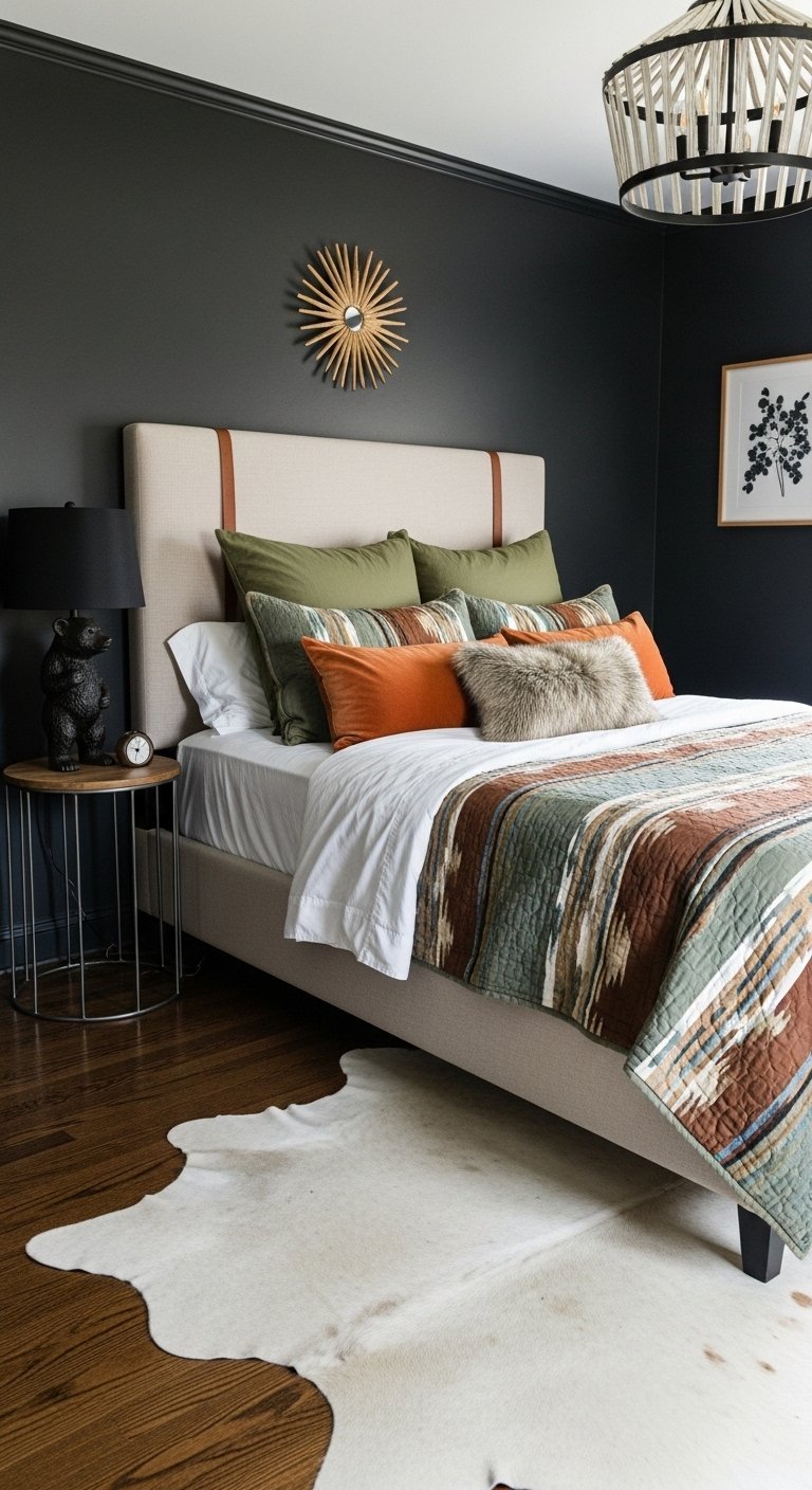 Chambre moderne avec murs noir mat et coussins vert olive et orange brule