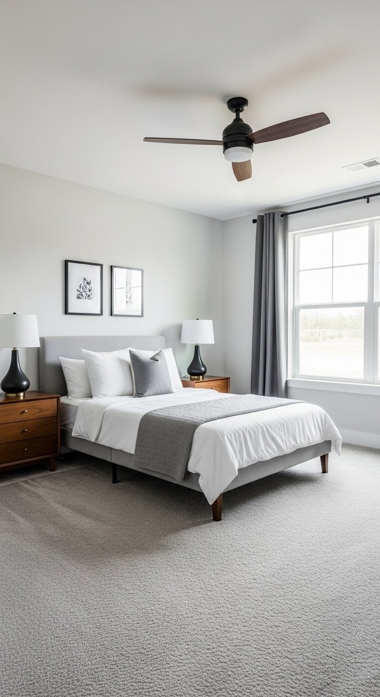 Chambre parentale minimaliste avec lit gris et tables de chevet en bois
