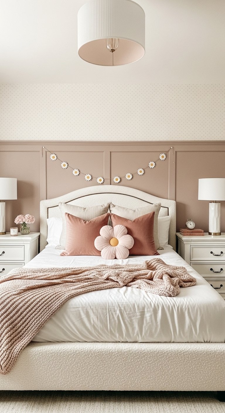 Chambre rose poudré avec une guirlande de marguerites au dessus de la tête de lit blanche
