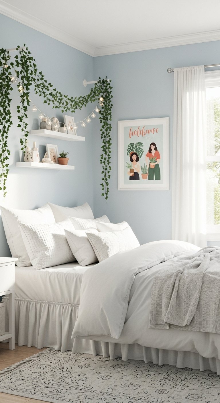 Chambre sereine avec murs bleu ciel et guirlande de lierre