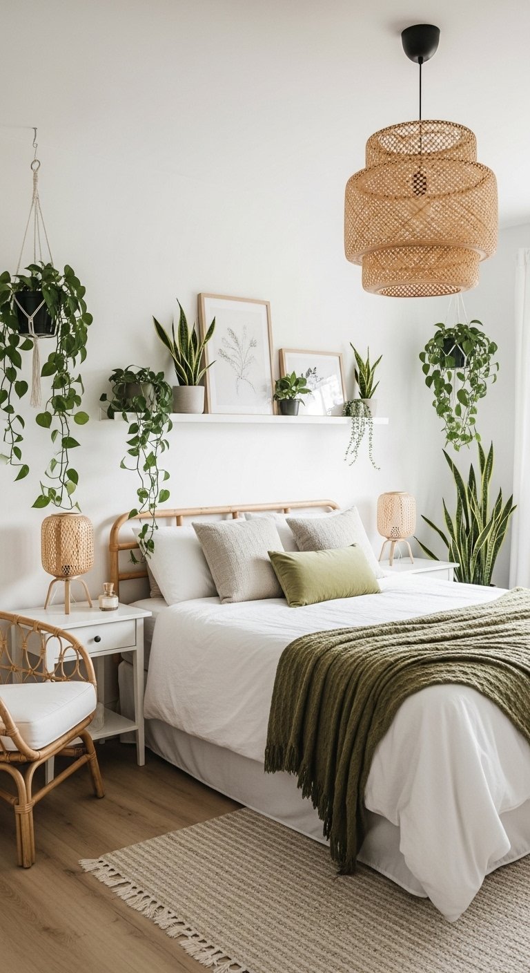 Décoration chambre femme de style scandinave avec des plantes et une suspension en rotin