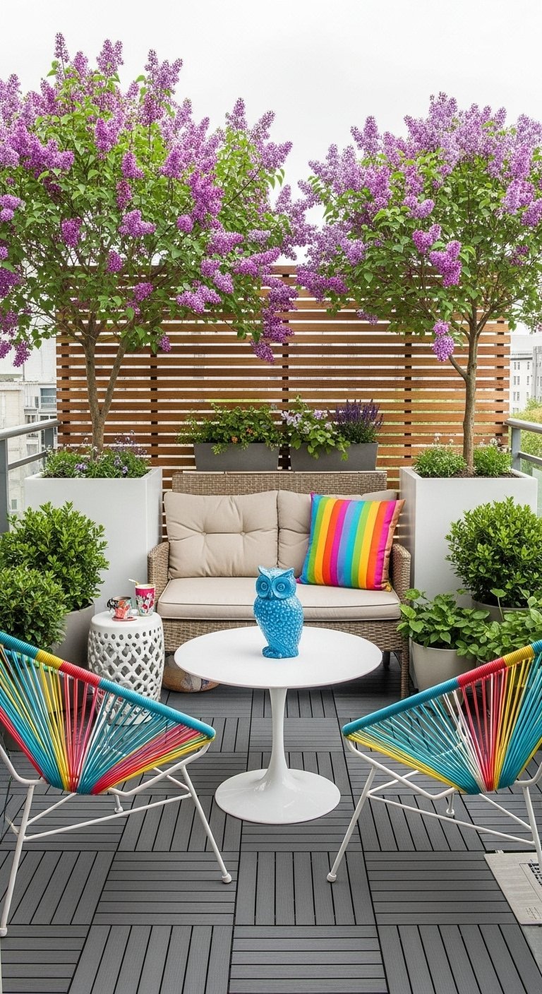 Decoration petit balcon colore avec fauteuils acapulco multicolores et lilas en fleurs