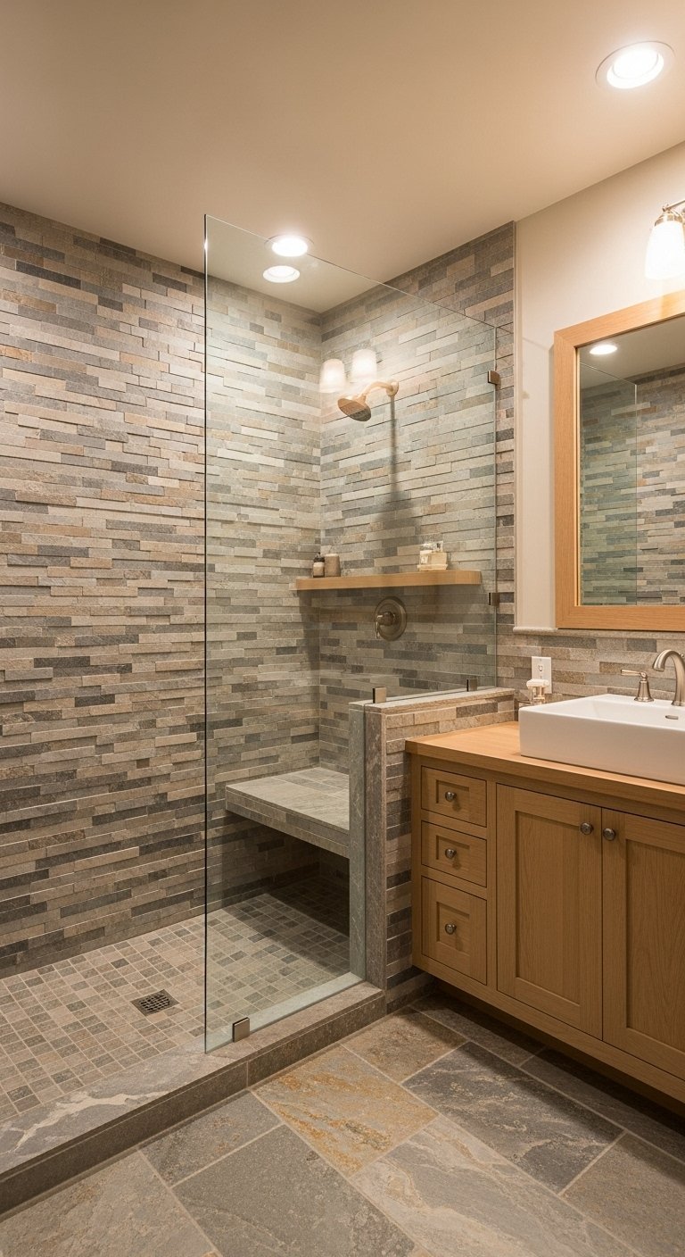 Douche italienne en carrelage pierre avec banc et meuble vasque en bois clair